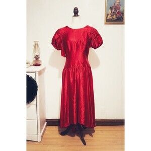 Vintage 70s Dress, Womens Size 12 Gown Puff Sleeves Cherry Red Gorgeous Satin